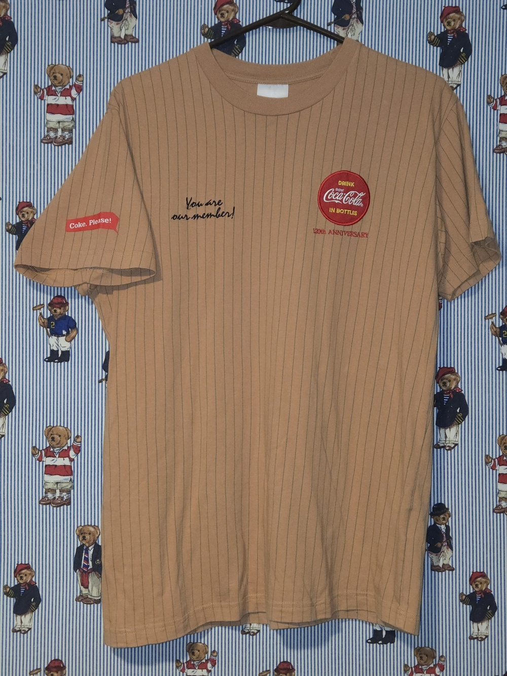 Coca Cola 120th Anniversary Member Beige Pinstripe Short Sleeve Tee